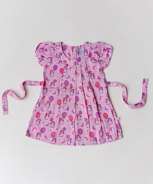 Muslin Cap Sleeve Frock - Fragrant Lilac Penguin