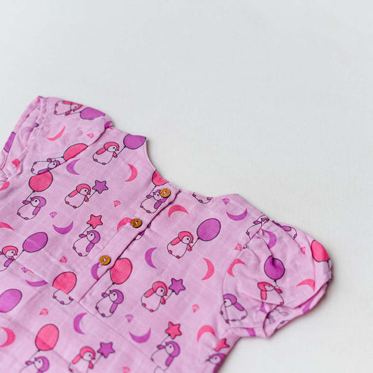 Muslin Cap Sleeve Frock - Fragrant Lilac Penguin