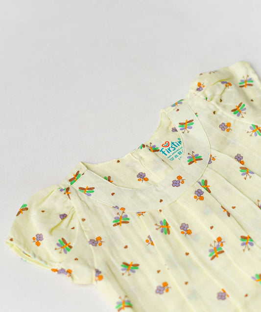 Muslin Cap Sleeve Frock - Lt. Yellow Monarch