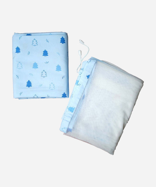 Blue Fir Tree Print Poplin Cradle / Thottil / Jhula With Matching Net