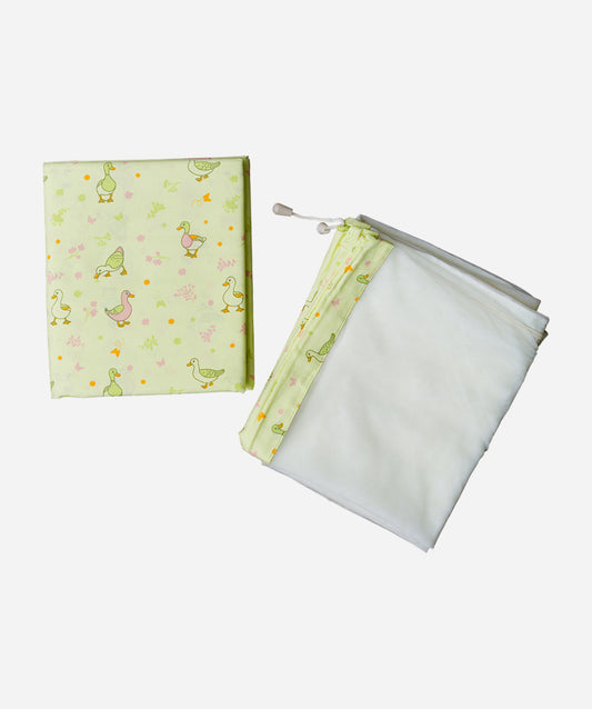 Lime Cream Runner Duck Print Poplin Cradle / Thottil / Jhula With Matching Net