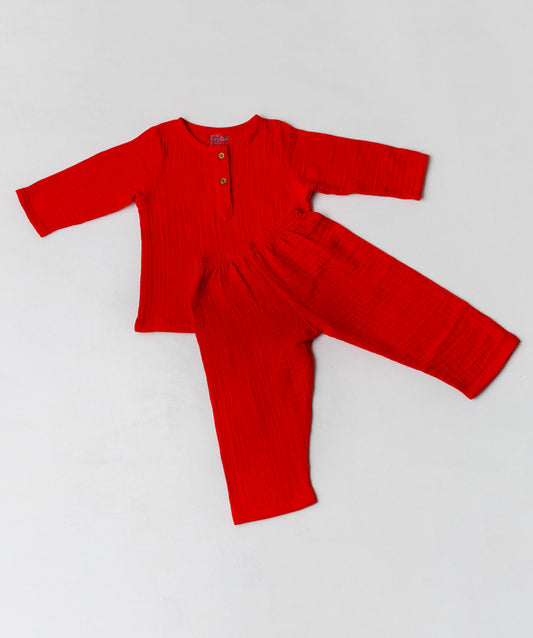 Muslin Bubble Crinkle Pyjamas Set - Carmine