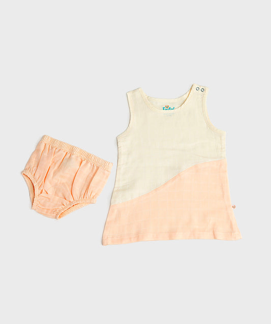 FIRSTIN Muslin Frock (Duo) Panty Combo - Apricot Sherbet