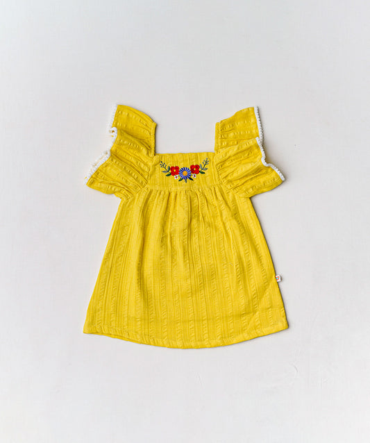 Muslin Seer Sucker Flutter Sleeve Frock - Dk Yellow