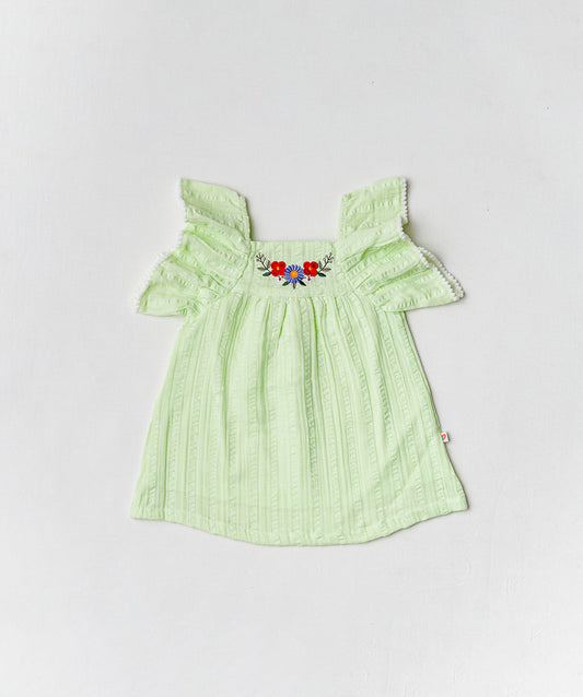 Muslin Seer Sucker Flutter Sleeve Frock - Lt Green
