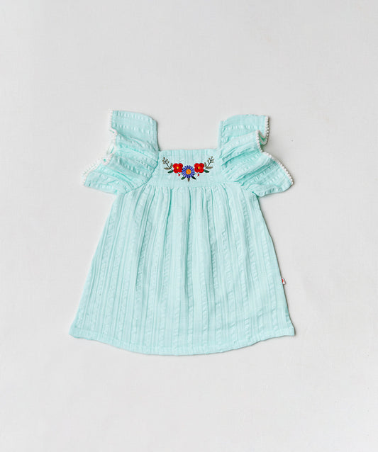 Firstin Muslin Seer Sucker Flutter Sleeve Frock - Mint