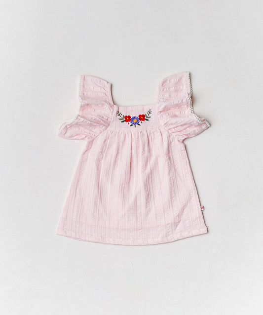 Firstin Muslin Seer Sucker Flutter Sleeve Frock - Lt Pink
