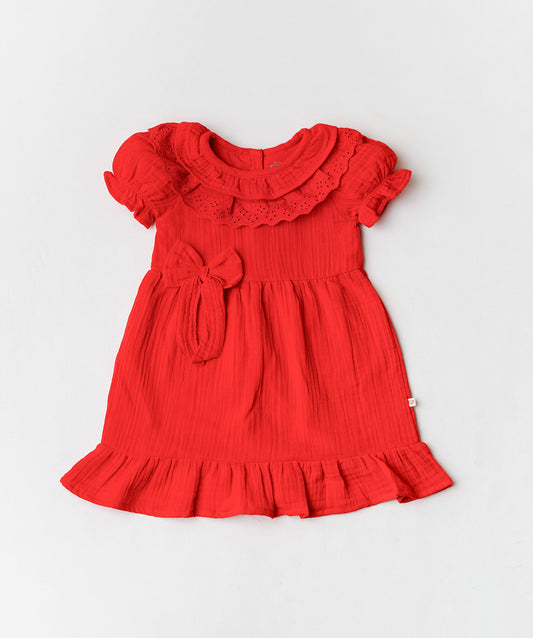 Muslin Bubble Crinkle Frock (Frill Bow) - Carmine