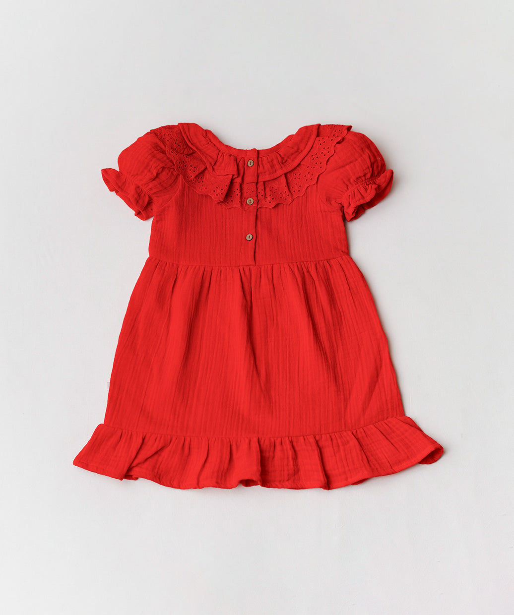 Muslin Bubble Crinkle Frock (Frill Bow) - Carmine