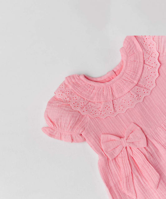 Muslin Bubble Crinkle Frock (Frill Bow) - Flamingo Pink