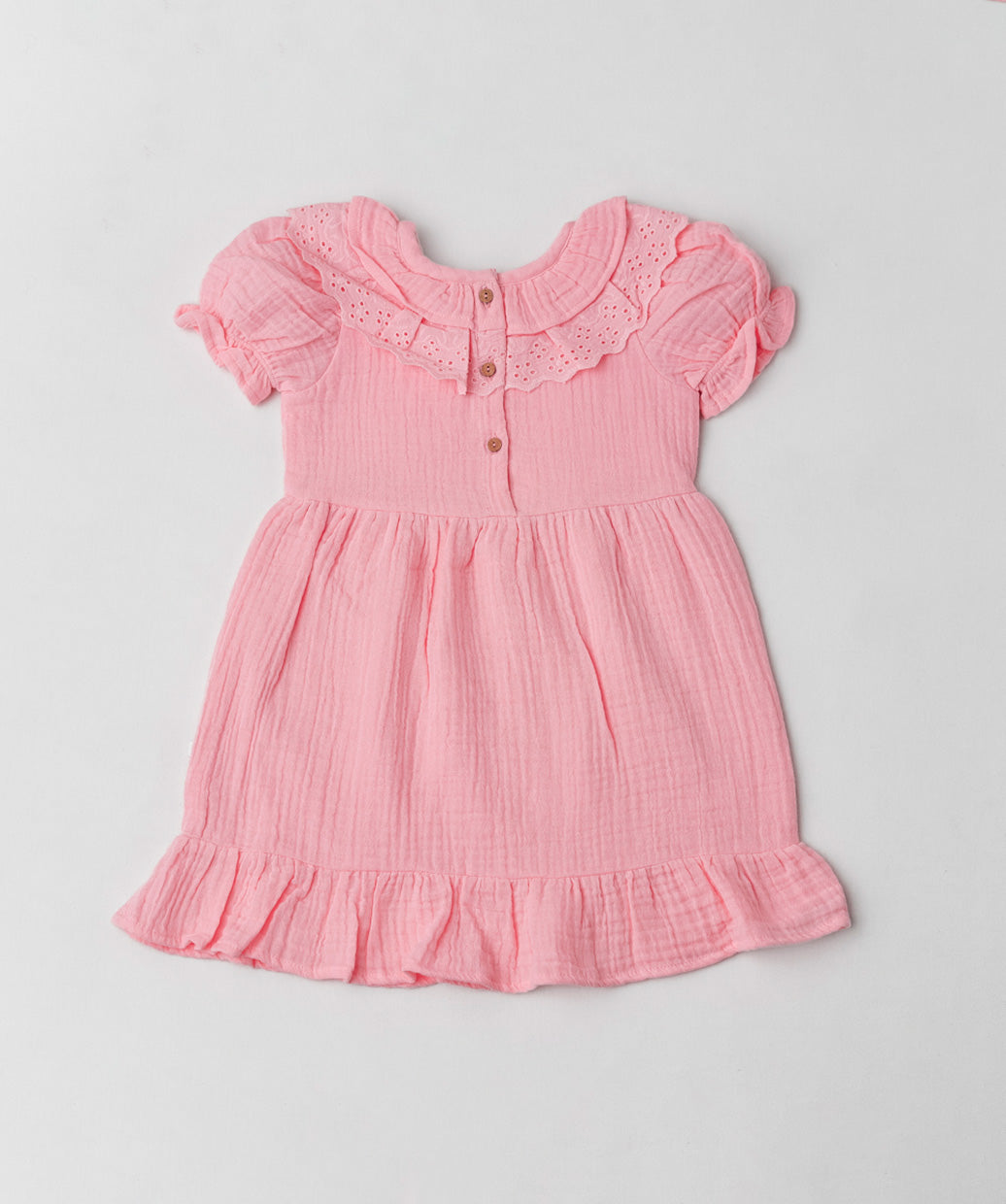 Muslin Bubble Crinkle Frock (Frill Bow) - Flamingo Pink