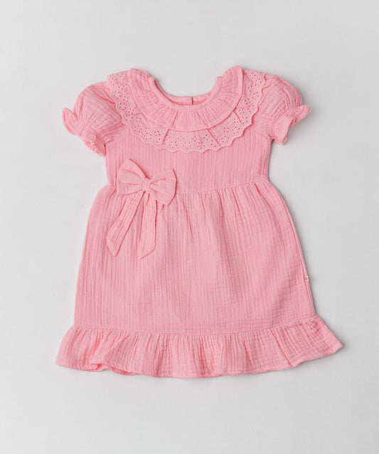 Muslin Bubble Crinkle Frock (Frill Bow) - Flamingo Pink