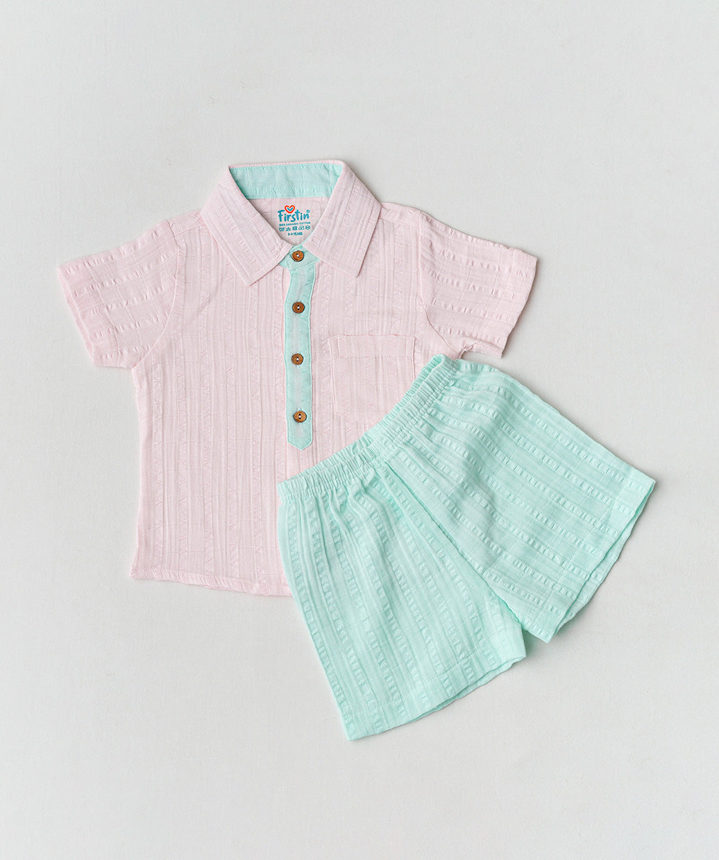 Muslin Seer Sucker Fusion Shirt-Shorts Set - Lt. Pink