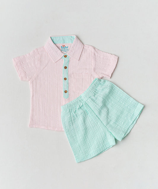 Muslin Seer Sucker Fusion Shirt-Shorts Set - Lt. Pink