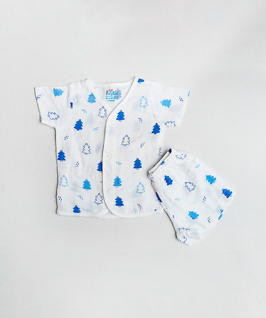 FIRSTIN Blue Fir Tree White Base Muslin Jabla Shorts Set Half Sleeve