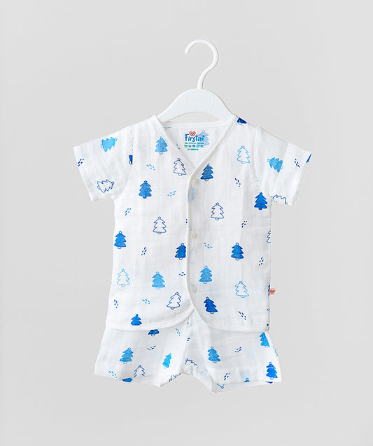 FIRSTIN Blue Fir Tree White Base Muslin Jabla Shorts Set Half Sleeve