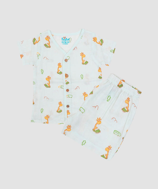 FIRSTIN Frost Joyous Giraffe Printed Muslin Jabla Shorts Set Half Sleeve