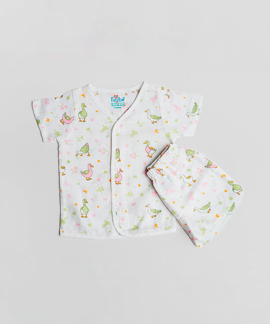 FIRSTIN Lime Cream Runner Duck White Base Muslin Jabla Shorts Set Half Sleeve