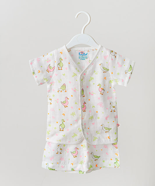 FIRSTIN Lime Cream Runner Duck White Base Muslin Jabla Shorts Set Half Sleeve