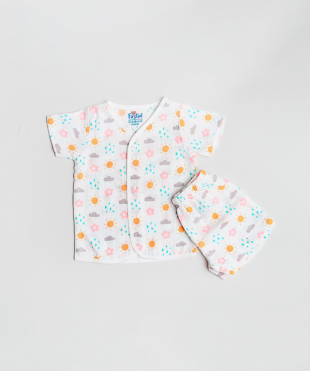 Salsa Rose Daisy Cloud White Base Muslin Jabla Shorts Set Half Sleeve