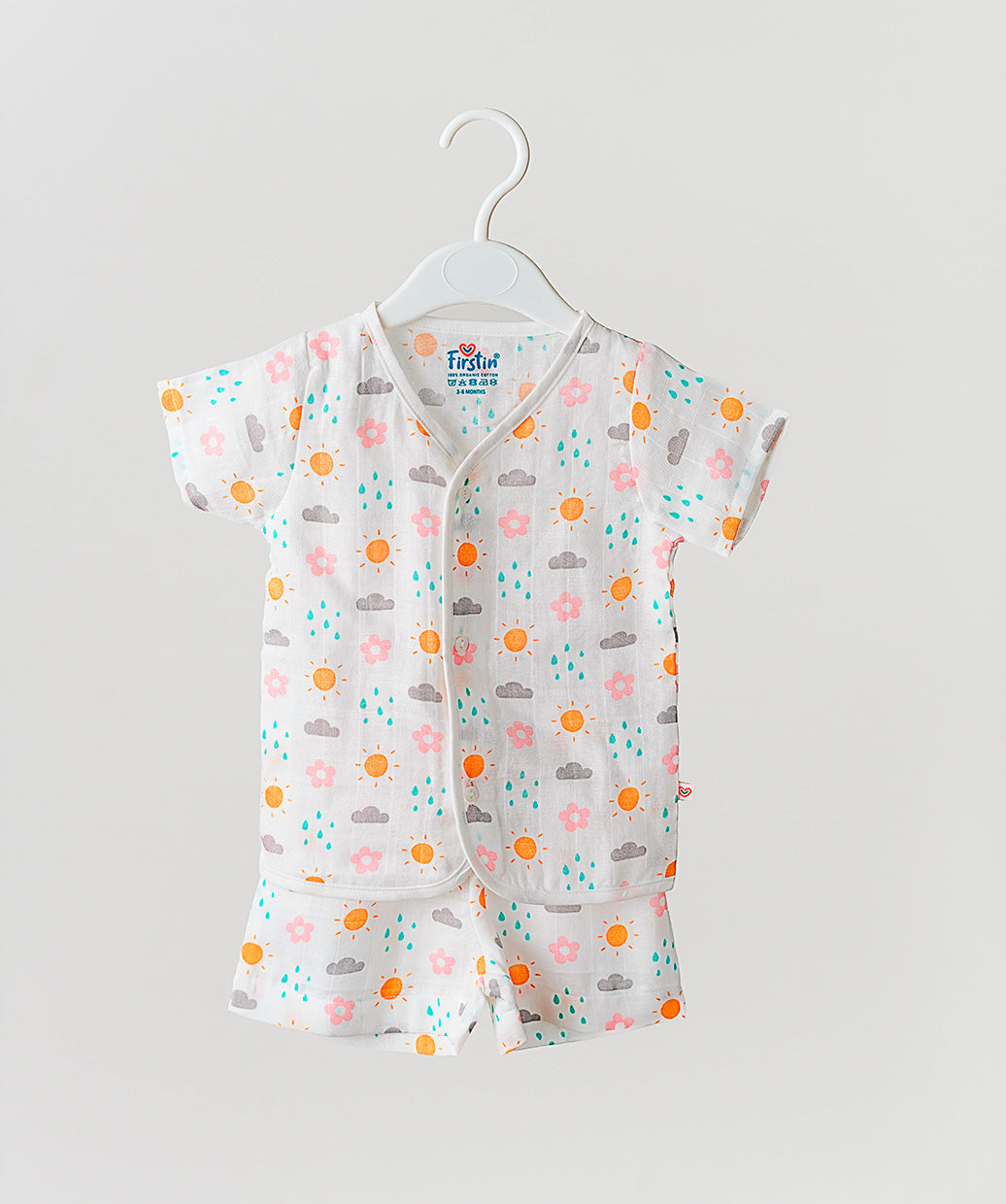 Salsa Rose Daisy Cloud White Base Muslin Jabla Shorts Set Half Sleeve