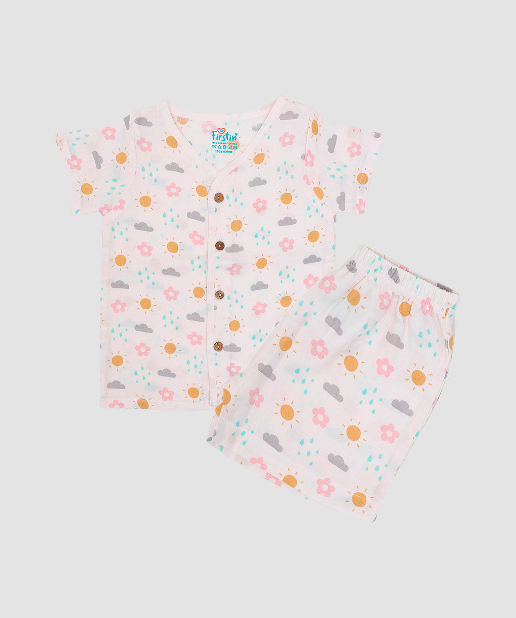 Salsa Rose - Daisy Cloud Printed Muslin Jabla Shorts Set Half Sleeve