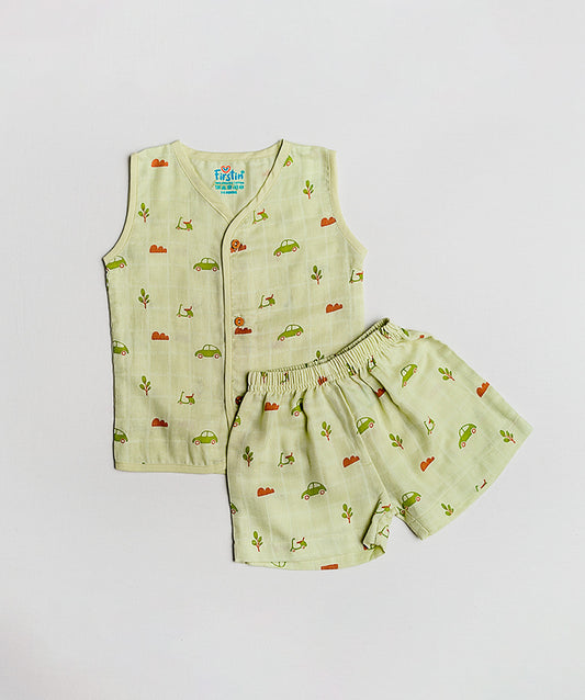 FIRSTIN Aloe Wash Vespa Muslin Jablas Shorts Set Sleeveless