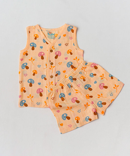 FIRSTIN Muslin Jabla-Shorts Set Sleeveless - Apricot Sherbet Mushies