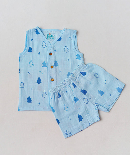 FIRSTIN Muslin Jabla-Shorts Set Sleeveless - Blue Fir Tree