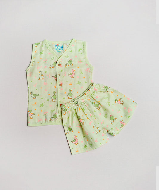 FIRSTIN Lime Cream Runner Duck Muslin Jablas Shorts Set Sleeveless