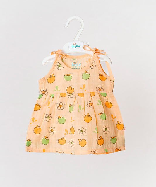 FIRSTIN Muslin Knotted Frock - Apricot Sherbet Fujis