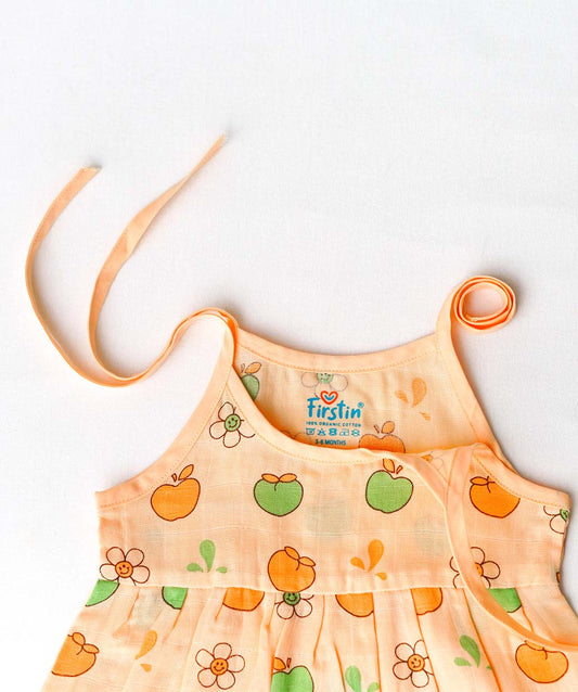 FIRSTIN Muslin Knotted Frock - Apricot Sherbet Fujis
