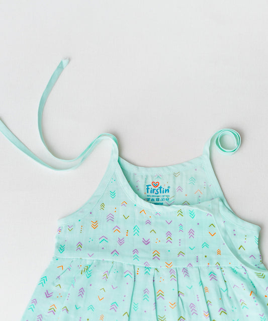Muslin Knotted Frock - Mint Multi Arrows