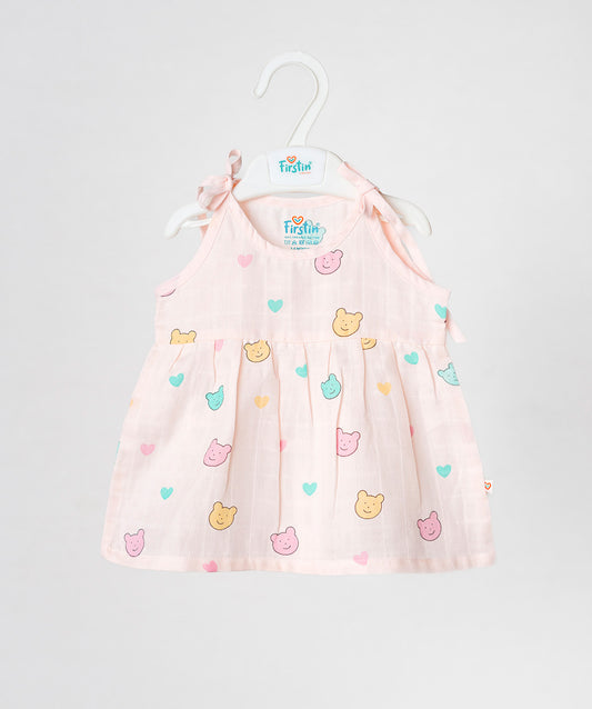 FIRSTIN Muslin Knotted Frock - Salsa Rose Buddy