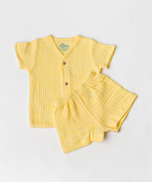 FIRSTIN Muslin Bubble Crinkle Jabla-Shorts Set Half Sleeve - Crayola