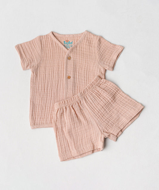 FIRSTIN Muslin Bubble Crinkle Jabla-Shorts Set Half Sleeve - Breezy Beige