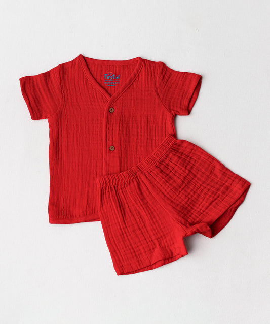 FIRSTIN Muslin Bubble Crinkle Jabla-Shorts Set Half Sleeve - Carmine