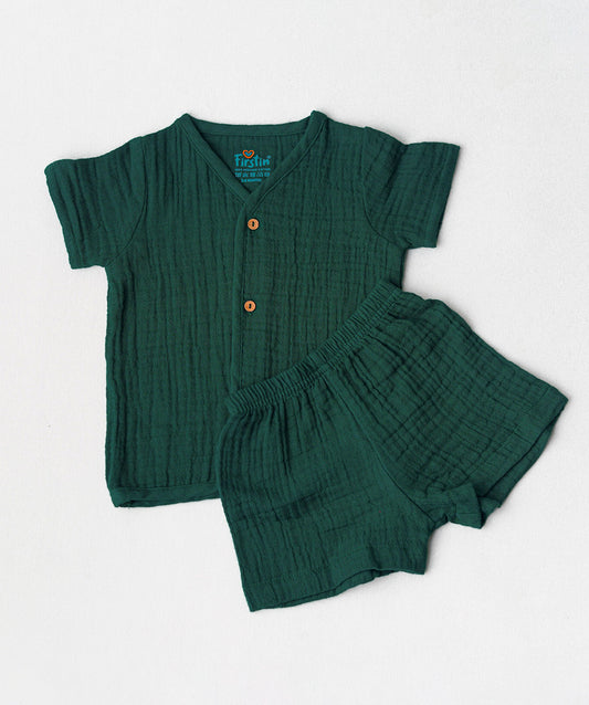 FIRSTIN Muslin Bubble Crinkle Jabla-Shorts Set Half Sleeve - Opal