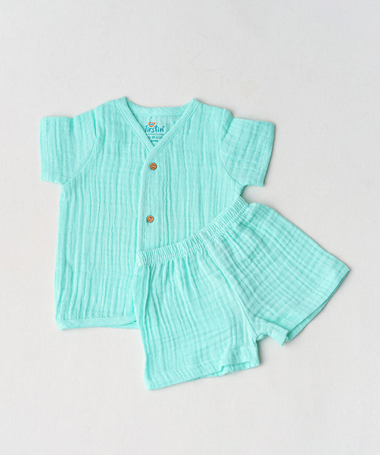 FIRSTIN Muslin Bubble Crinkle Jabla-Shorts Set Half Sleeve - Solid Marine