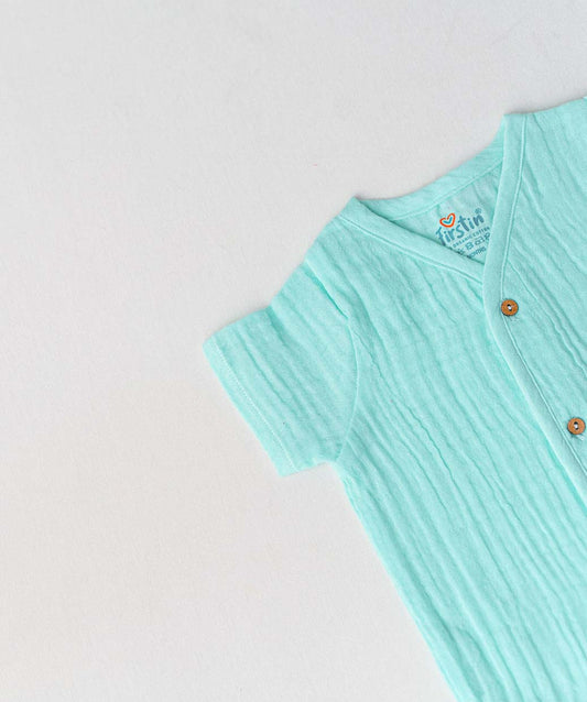 FIRSTIN Muslin Bubble Crinkle Jabla-Shorts Set Half Sleeve - Solid Marine