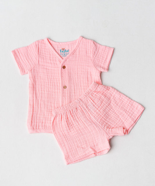 FIRSTIN Muslin Bubble Crinkle Jabla-Shorts Set Half Sleeve - Flamingo Pink