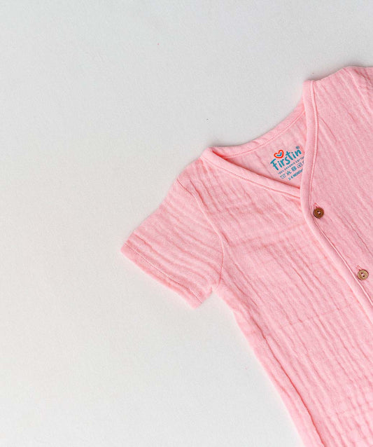 FIRSTIN Muslin Bubble Crinkle Jabla-Shorts Set Half Sleeve - Flamingo Pink