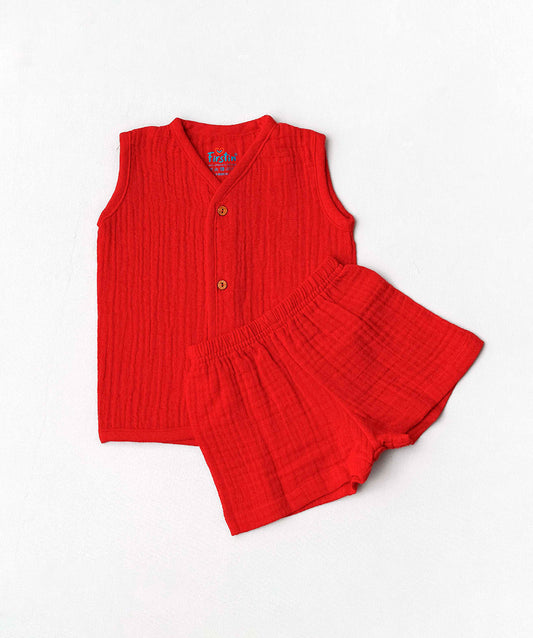 FIRSTIN Muslin Bubble Crinkle Jabla-Shorts Set Sleeveless - Carmine