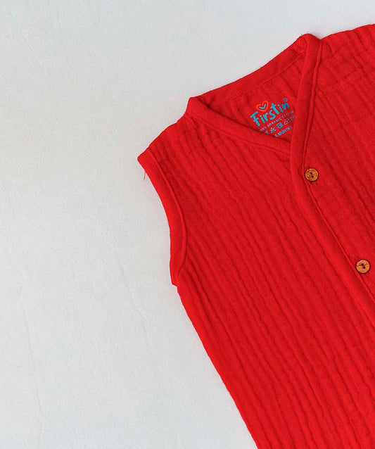 FIRSTIN Muslin Bubble Crinkle Jabla-Shorts Set Sleeveless - Carmine