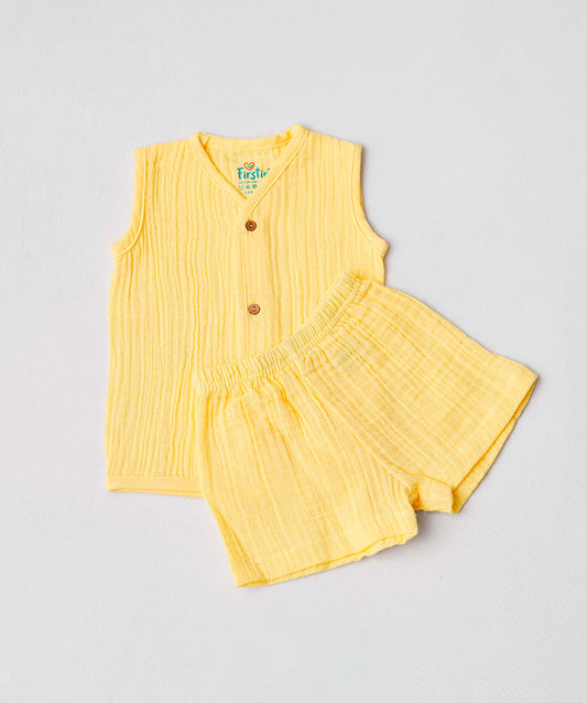 FIRSTIN Muslin Bubble Crinkle Jabla-Shorts Set Sleeveless - Crayola