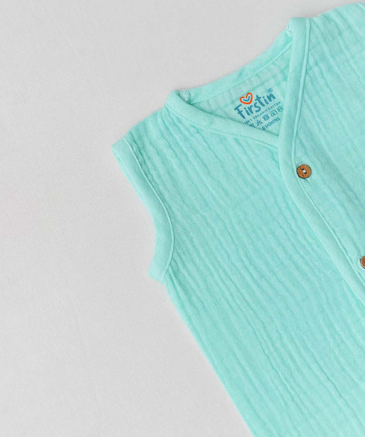 FIRSTIN Muslin Bubble Crinkle Jabla-Shorts Set Sleeveless - Marine