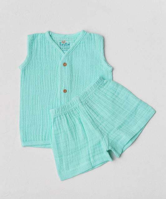 FIRSTIN Muslin Bubble Crinkle Jabla-Shorts Set Sleeveless - Marine