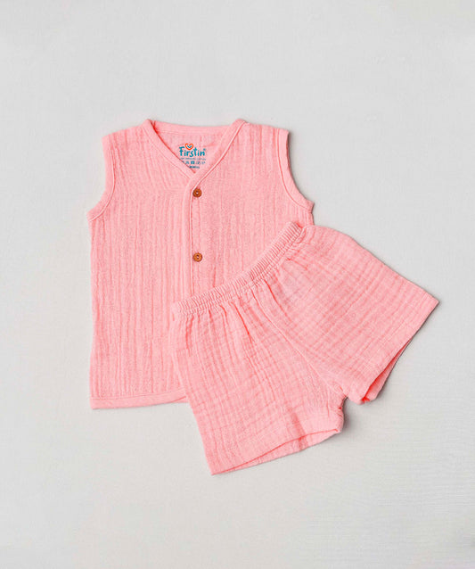FIRSTIN Muslin Bubble Crinkle Jabla-Shorts Set Sleeveless - Flamingo Pink