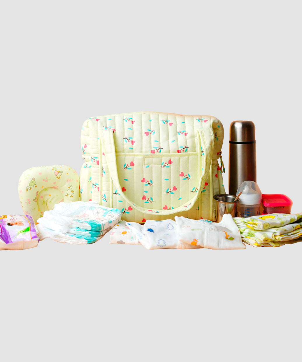 Muslin Lime Cream Anthurium Printed-Diaper Bag 40X28X14CM