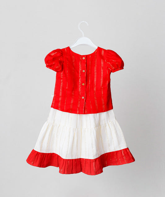 FIRSTIN Ridhi Top With Skirt (Puff Sleeve) - Carmine